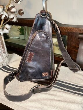 NWOT Bed Stu Leather Adept Unisex Sling Backpack Black Teak Rustic MSRP $235